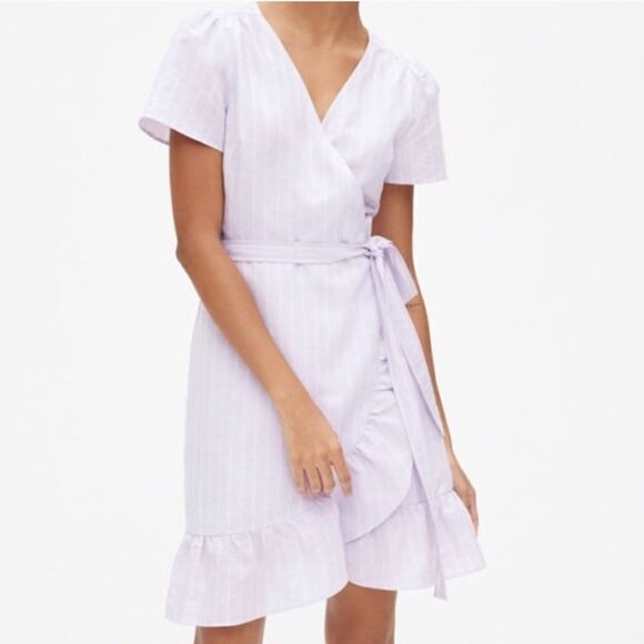 Gap Linen Cotton Stripe Ruffle Wrap Dress Purple White Small TALL - Picture 2 of 16